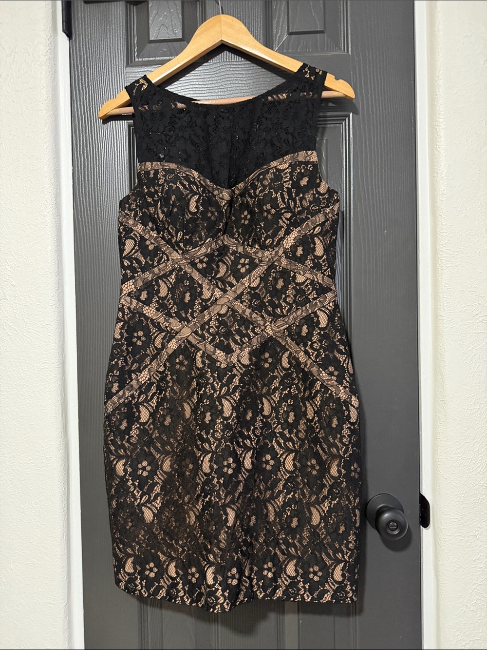 Aidan by Aidan Mattox Black Lace Mini Dress with Nude Underlay